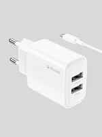 СЗУ Deppa 2xUSB-А, 2,4А, дата-кабель Lightning 1м, белый купить в Барнауле